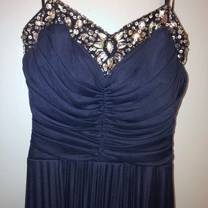 Strapless navy blue pleated prom dress